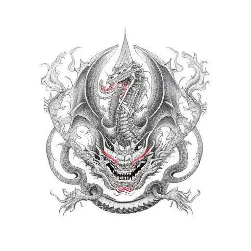 Dragon, sword, and mask tattoo design idea