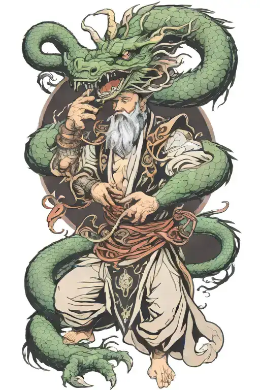 oriental wizard fighting dragon wrapped tattoo design idea