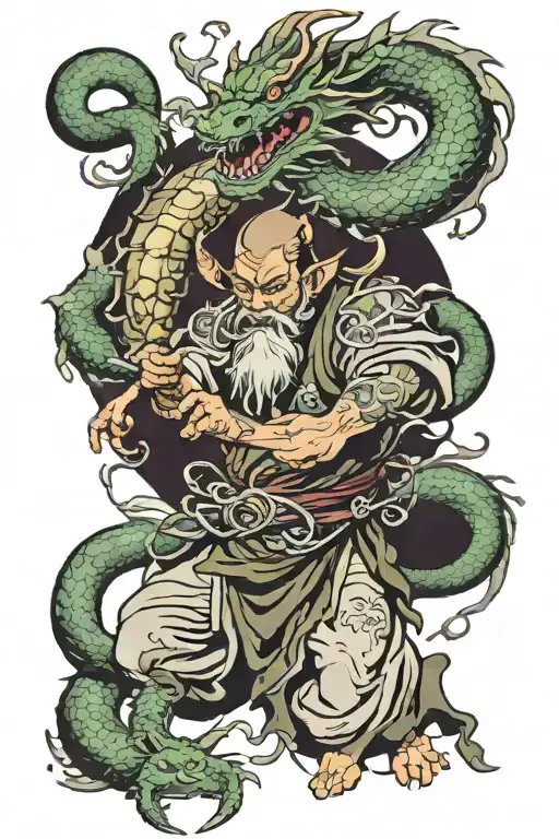 oriental wizard fighting dragon wrapped tattoo design idea