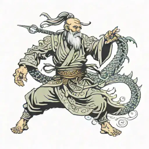 oriental wizard fighting dragon wrapped tattoo design idea