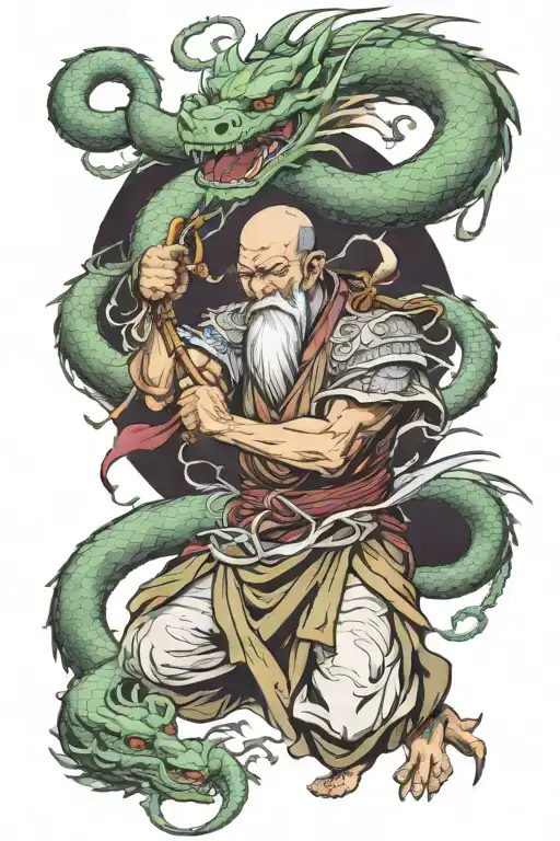 oriental wizard fighting dragon wrapped tattoo design idea