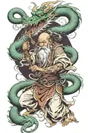 oriental wizard fighting dragon wrapped tattoo design idea