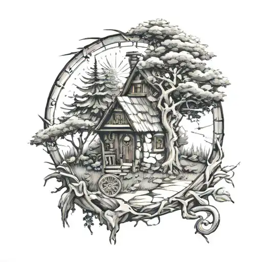 house in the middle in life of tree stone road leading to rune compass  tattoo design idea