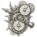 broken compass, fibonacci spiral, steampunk gears half sleeve  tattoo design idea