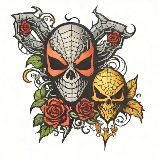 back tatto with spider and laugh now cry later mask tattoo design idea