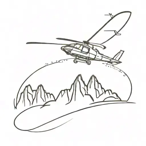 Tattoo representing the relief of the three Aiguilles d'Arves with a line and a helicopter propeller in the background tattoo design idea