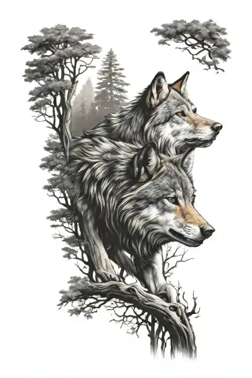 design a lone wolf in a forest  arm sleave tattoo with high contrast for someone with a dark skin tone tattoo design idea