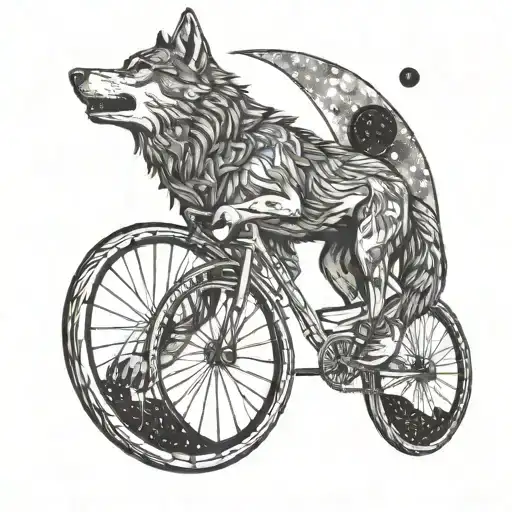 A wolf howling at a crescent moon while riding a bicycle through a galaxy tattoo design idea