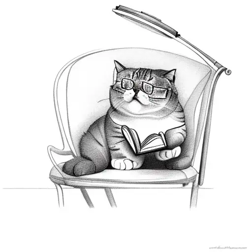 A chubby cat sitting in a lawn chair reading a book tattoo design idea