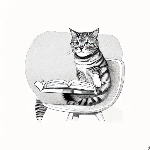 a cat reading a book in a chair while a bumblebee smells the flower on the table tattoo design idea