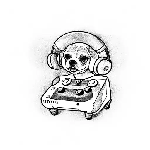 A playful tattoo featuring a pixelated dog wearing headphones and holding a game controller, representing the client's love for dogs, videogames, and music. tattoo design idea