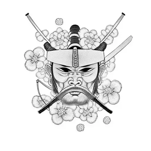 Samurai with 3 swords and Cherry Blossoms tattoo design idea