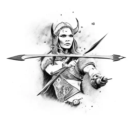 A beautiful Viking woman's dressed in furs and bones aiming a bow and arrow  tattoo design idea