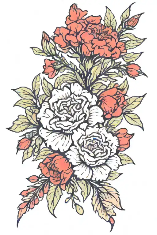 carnation, Indian paintbrush, Texas mountain Laurel flowers tattoo design idea