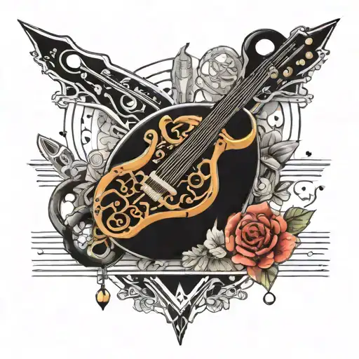 A traditional tattoo of a Gemini constellation surrounded by musical notes and repair tools, symbolizing the client's interests tattoo design idea