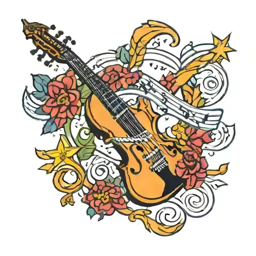 A traditional tattoo of a Gemini constellation surrounded by musical notes and repair tools, symbolizing the client's interests tattoo design idea