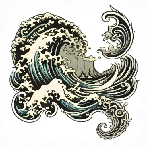 create a half-sleeve tattoo design that has a tsunami with a cross through it , Greek key, roman theme and words  "0:0:0 tattoo design idea