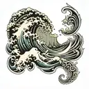 create a half-sleeve tattoo design that has a tsunami with a cross through it , Greek key, roman theme and words  "0:0:0 tattoo design idea