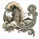 create a half-sleeve tattoo design that has a tsunami with a cross through it , Greek key, roman theme and words  "0:0:0 tattoo design idea