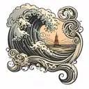 create a half-sleeve tattoo design that has a tsunami with a cross through it , Greek key, roman theme and words  "0:0:0 tattoo design idea