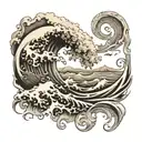 create a half-sleeve tattoo design that has a tsunami with a cross through it , Greek key, roman theme and words  "0:0:0 tattoo design idea