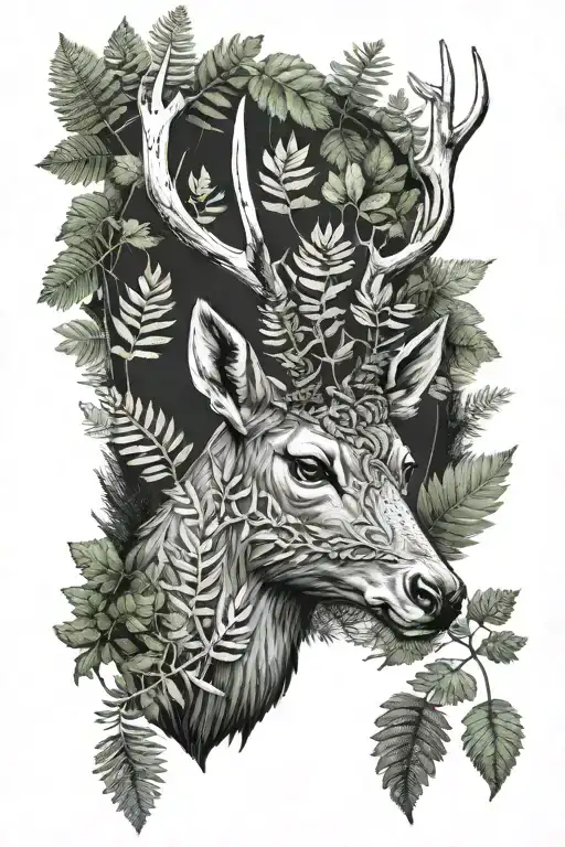 deer head antlers fern forest tattoo design idea