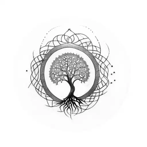 Tree of Life with roots on circle size tattoo design idea