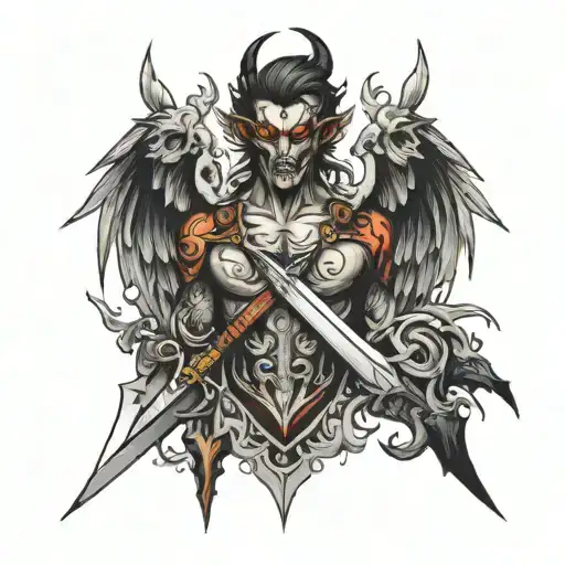 sword devil wing chest tattoo design idea