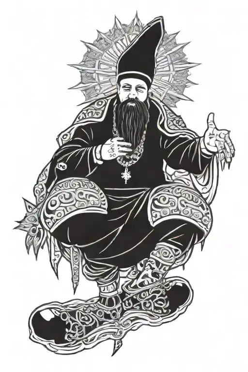 Orthodox Russian god in hip-hop style in full height, in traditional attire. There are spikes sticking out from the entire sketch. tattoo design idea