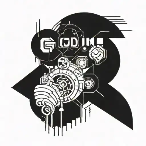 God in a style inspired by futuristic and Y2K culture, which typically features bold lines, playful typography tattoo design idea