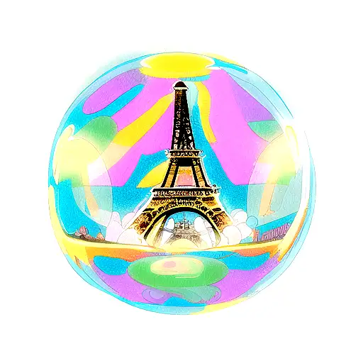 A psychedelic bubble of soap with the silhouette of the eiffel tower tattoo design idea