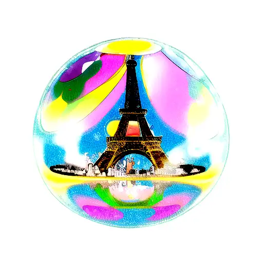 A psychedelic bubble of soap with the eiffel tower reflected inverted on the roundness of the bubble., tattoo design idea