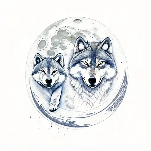 mom worlf, dad wolf and two baby wolf, moon and nature tattoo design idea