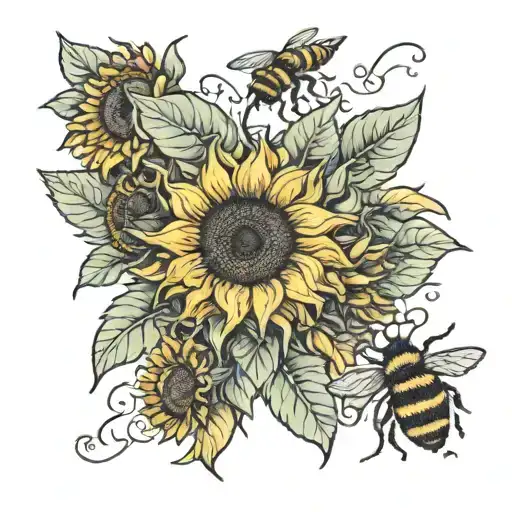 sunflowers and bees tattoo design idea