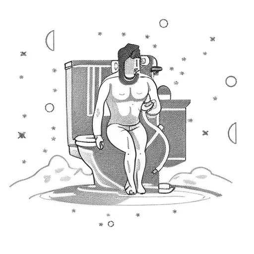 A man sittin on a toilet on tiop of the planet, looking at the stars tattoo design idea