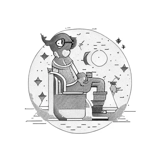 A man sittin on a toilet on tiop of the planet, looking at the stars tattoo design idea