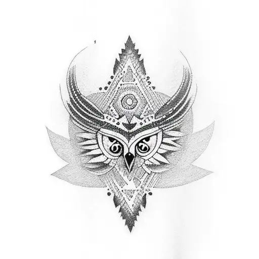 A dotwork tattoo featuring a totem pole inspired by Native American art, adorned with various plant motifs and a hidden owl within the design tattoo design idea