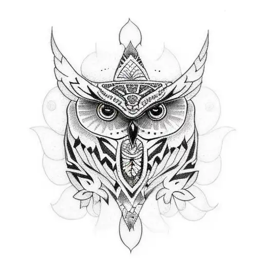 A dotwork tattoo featuring a totem pole inspired by Native American art, adorned with various plant motifs and a hidden owl within the design tattoo design idea
