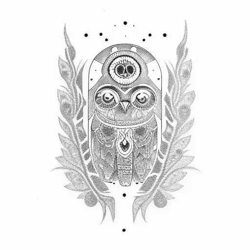 A dotwork tattoo featuring a totem pole inspired by Native American art, adorned with various plant motifs and a hidden owl within the design tattoo design idea