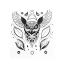 A dotwork tattoo featuring a totem pole inspired by Native American art, adorned with various plant motifs and a hidden owl within the design tattoo design idea