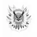 A dotwork tattoo featuring a totem pole inspired by Native American art, adorned with various plant motifs and a hidden owl within the design tattoo design idea