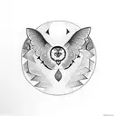 A dotwork tattoo featuring a totem pole inspired by Native American art, adorned with various plant motifs and a hidden owl within the design tattoo design idea