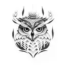 A dotwork tattoo featuring a totem pole inspired by Native American art, adorned with various plant motifs and a hidden owl within the design tattoo design idea