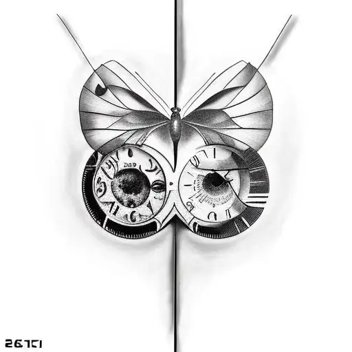 one face sliced to 2 characters one of them evil, clock at the back mixed with the head, butterfly effect and spacetime tattoo design idea