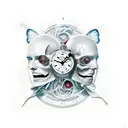one face sliced to 2 characters one of them evil, clock at the back mixed with the head, butterfly effect and spacetime tattoo design idea