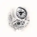 one face sliced to 2 characters one of them evil, clock at the back mixed with the head, butterfly effect and spacetime tattoo design idea