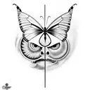 one face sliced to 2 characters one of them evil, clock at the back mixed with the head, butterfly effect and spacetime tattoo design idea