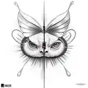 one face sliced to 2 characters one of them evil, clock at the back mixed with the head, butterfly effect and spacetime tattoo design idea