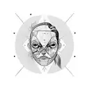 one face sliced to 2 characters one of them evil, clock at the back mixed with the head, butterfly effect and spacetime tattoo design idea