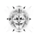 one face sliced to 2 characters one of them evil, clock at the back mixed with the head, butterfly effect and spacetime tattoo design idea